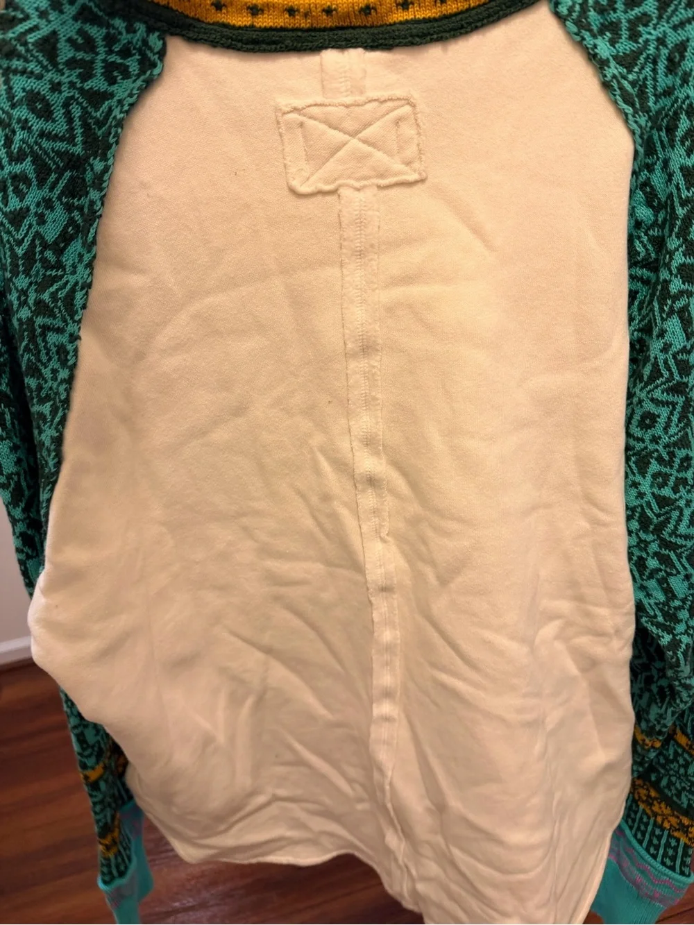 Free People Cream Raglan Sweatshirt with Teal Patterned Sleeves and Mustard Trim